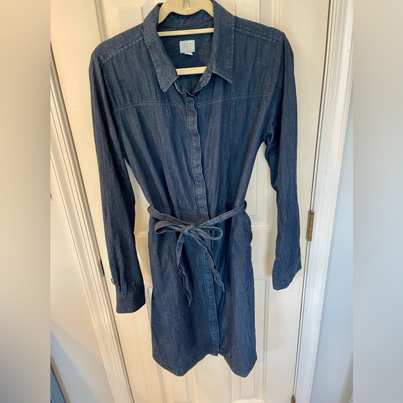 Jean denim women’s dress with tie waist size large lg - Picture 2 of 5